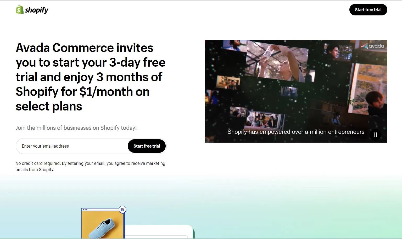 Avada’s exclusive Shopify sign-up page